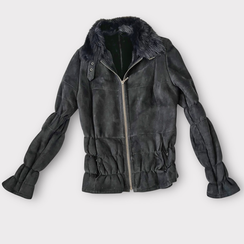 Hide Society Black Sheepskin Fur Trim Full Zip Jacket | High End Luxury Size 10